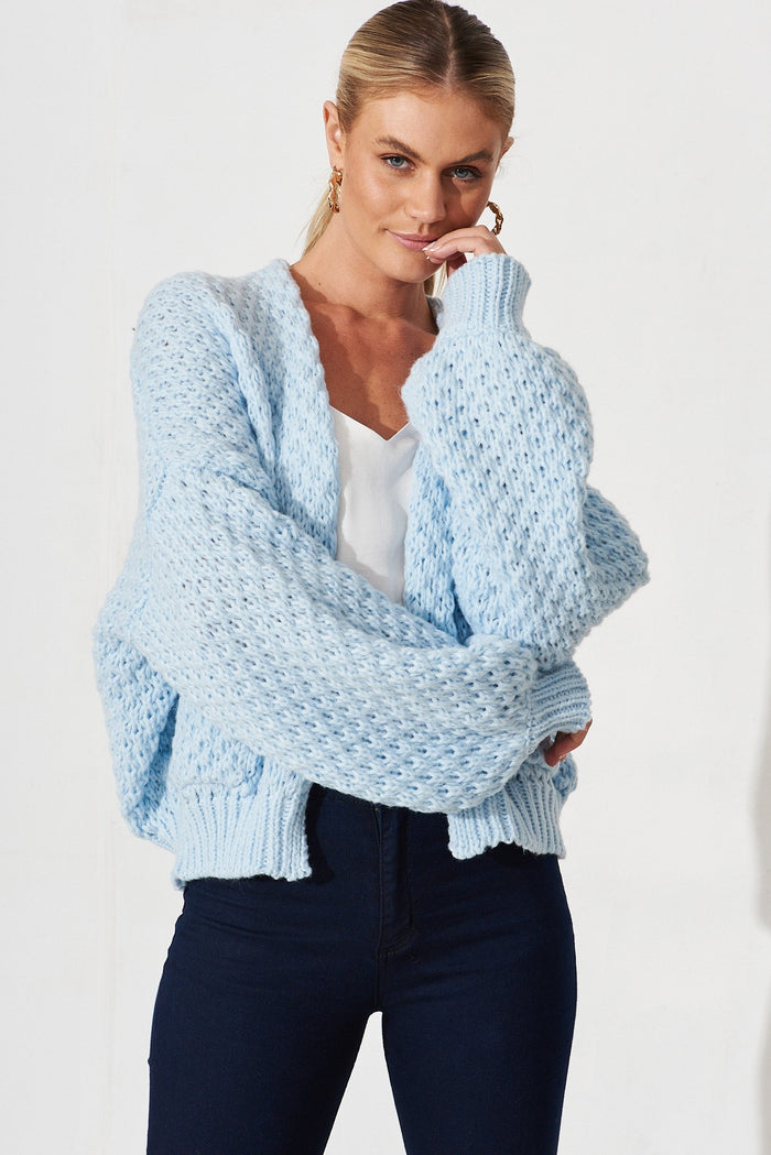 Mira Knit Cardigan In Sky Blue Wool Blend - front