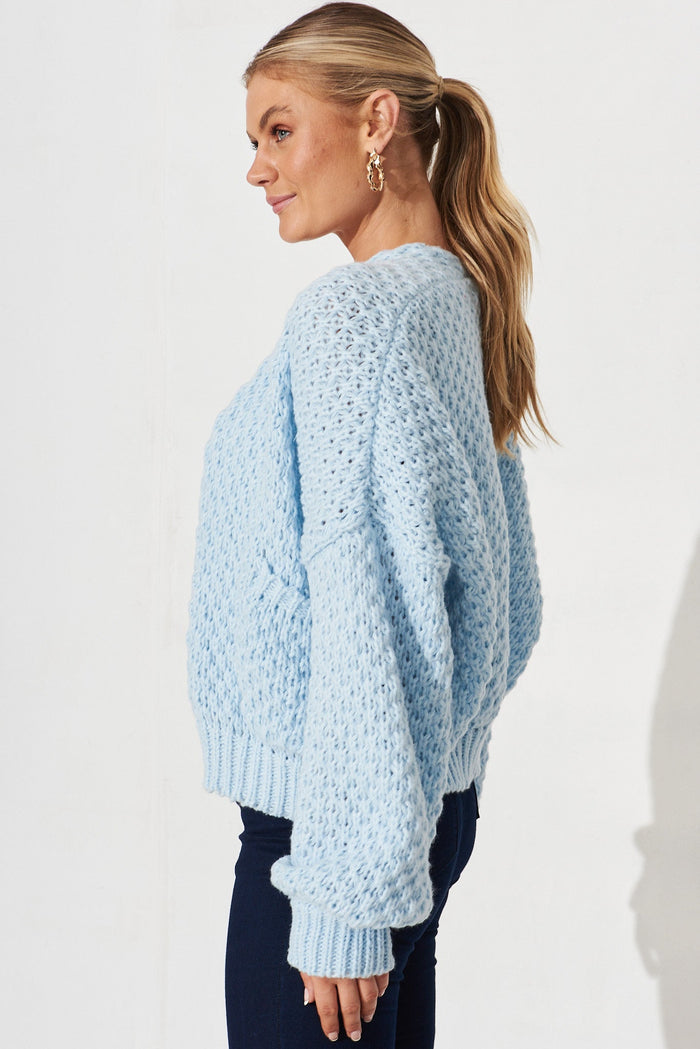 Mira Knit Cardigan In Sky Blue Wool Blend - side