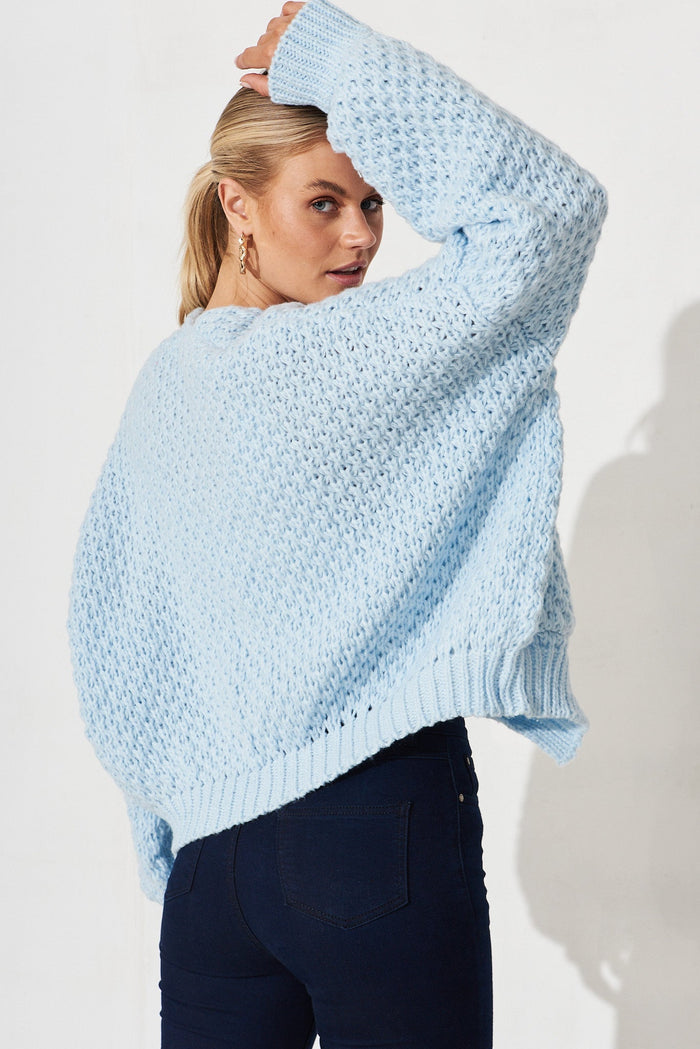 Mira Knit Cardigan In Sky Blue Wool Blend - back