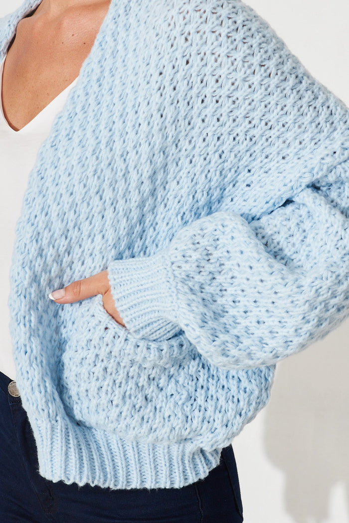 Mira Knit Cardigan In Sky Blue Wool Blend - detail
