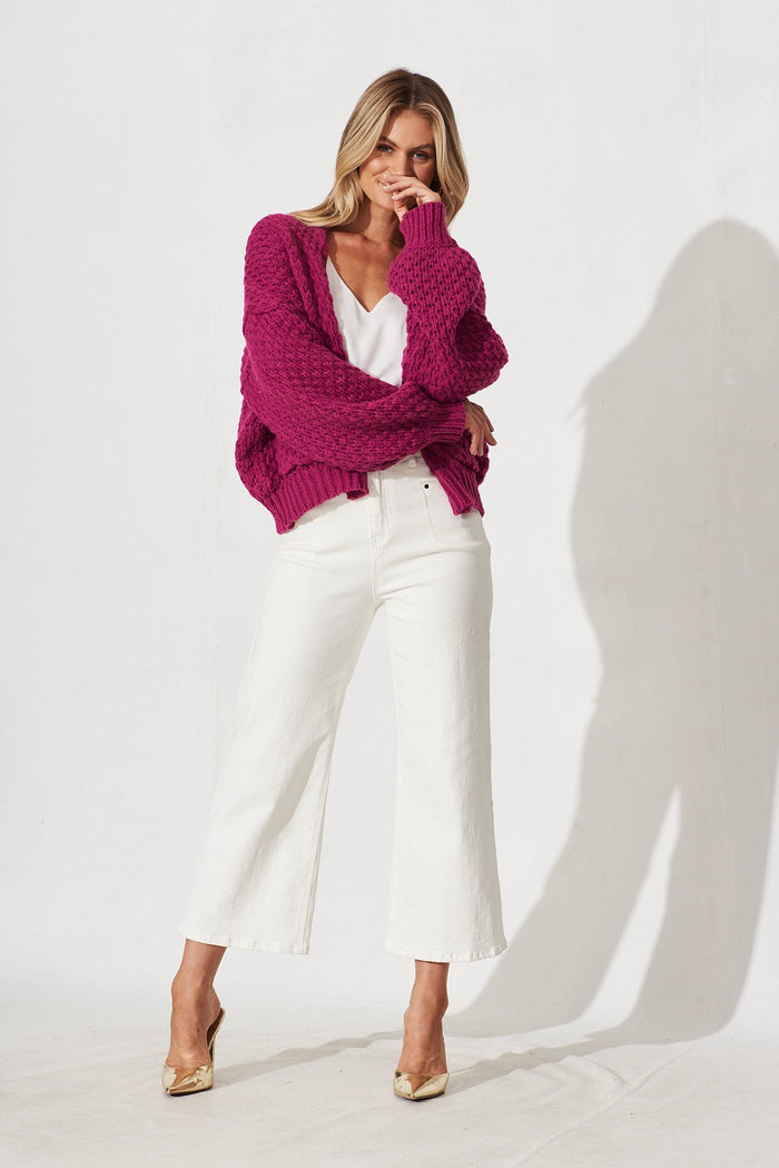 Mira Knit Cardigan In Magenta Wool Blend - full length