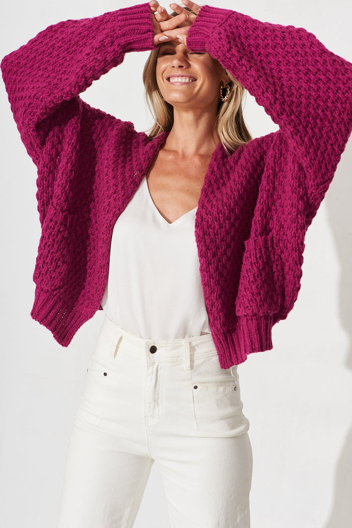 Mira Knit Cardigan In Magenta Wool Blend - front