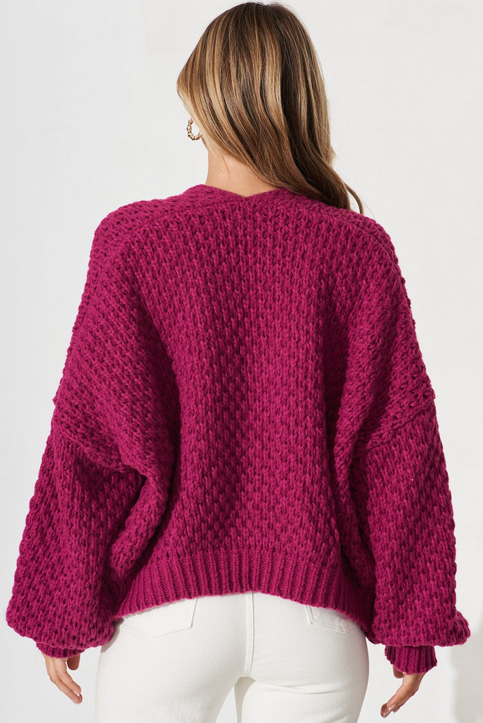 Mira Knit Cardigan In Magenta Wool Blend - back