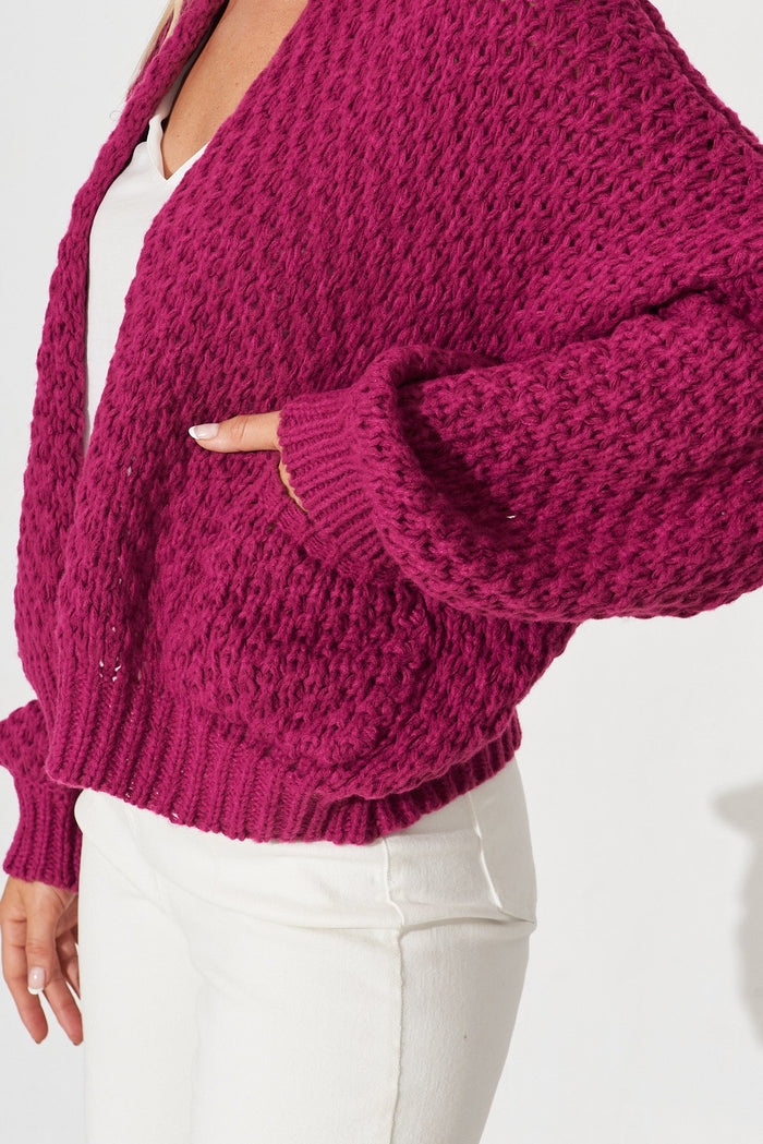 Mira Knit Cardigan In Magenta Wool Blend - detail
