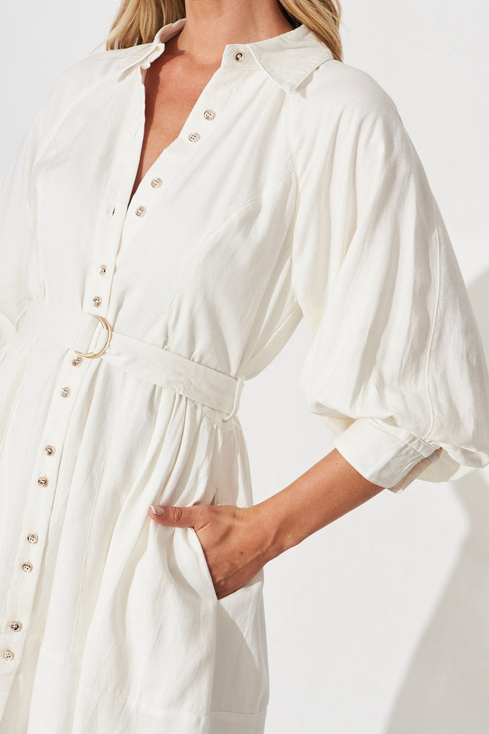 Dianella Shirt Dress In White Cotton Blend - detail