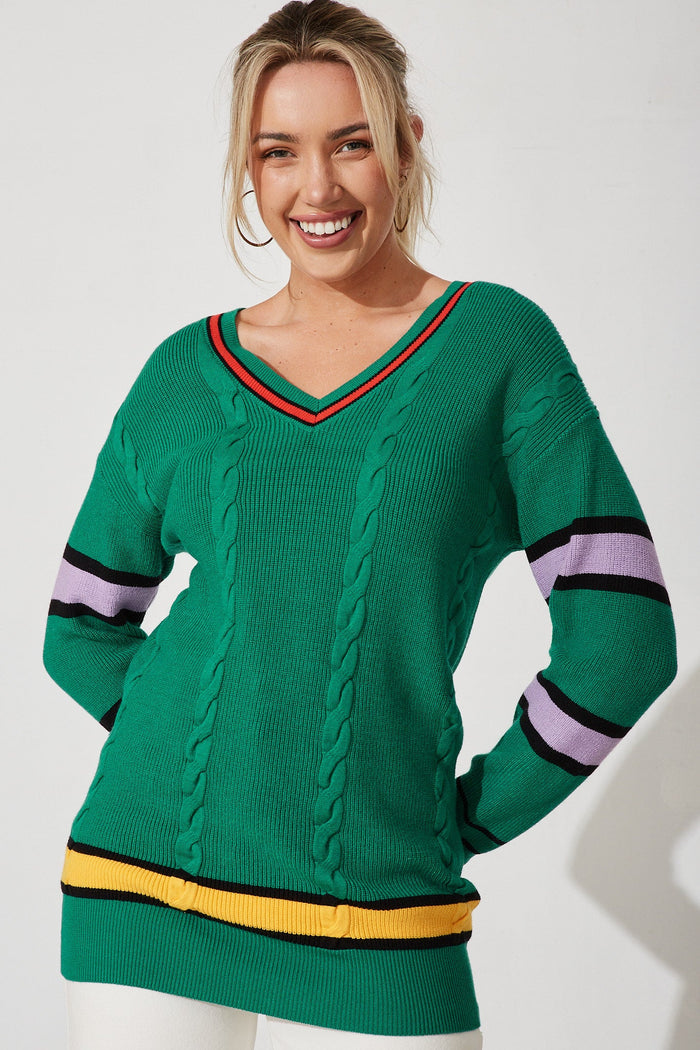 Alcorcon Knit In Green With Purple Stripe Wool Blend - St Frock (Dev)