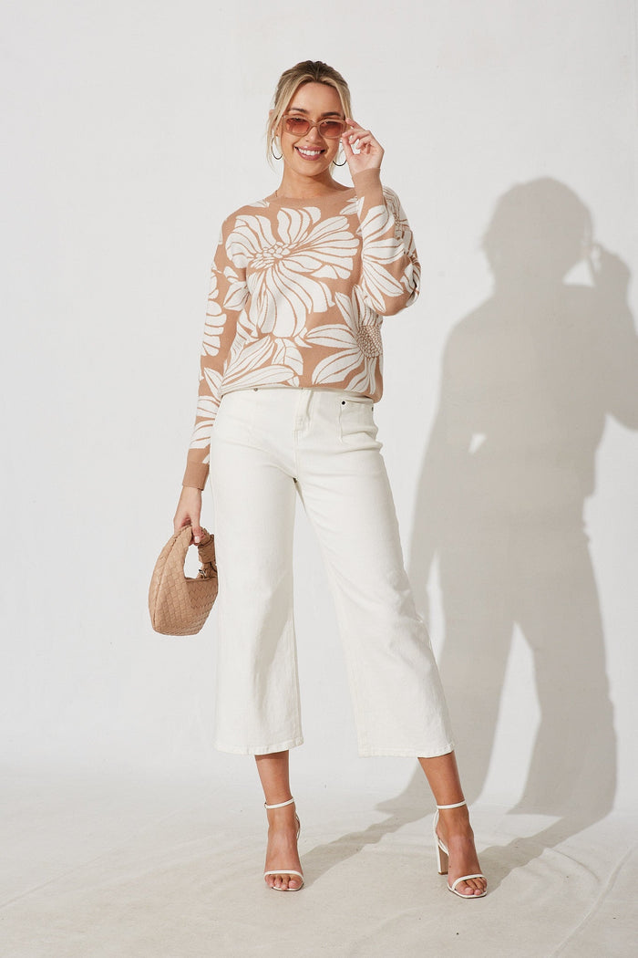 Linifolia Knit In Beige With White Floral - full length