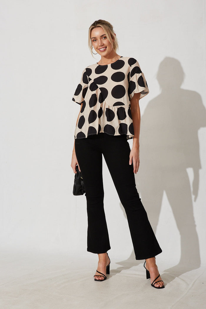 Girona Top In Beige With Black Spot Print Cotton Blend - full length