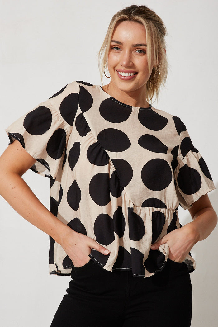 Girona Top In Beige With Black Spot Print Cotton Blend - front
