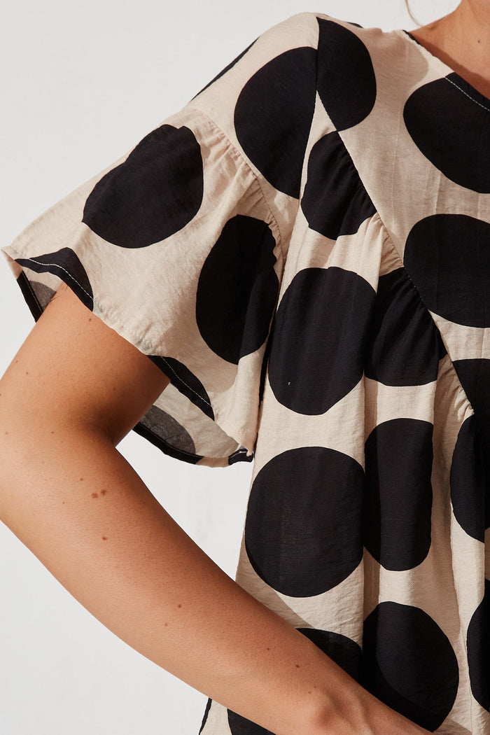 Girona Top In Beige With Black Spot Print Cotton Blend - detail