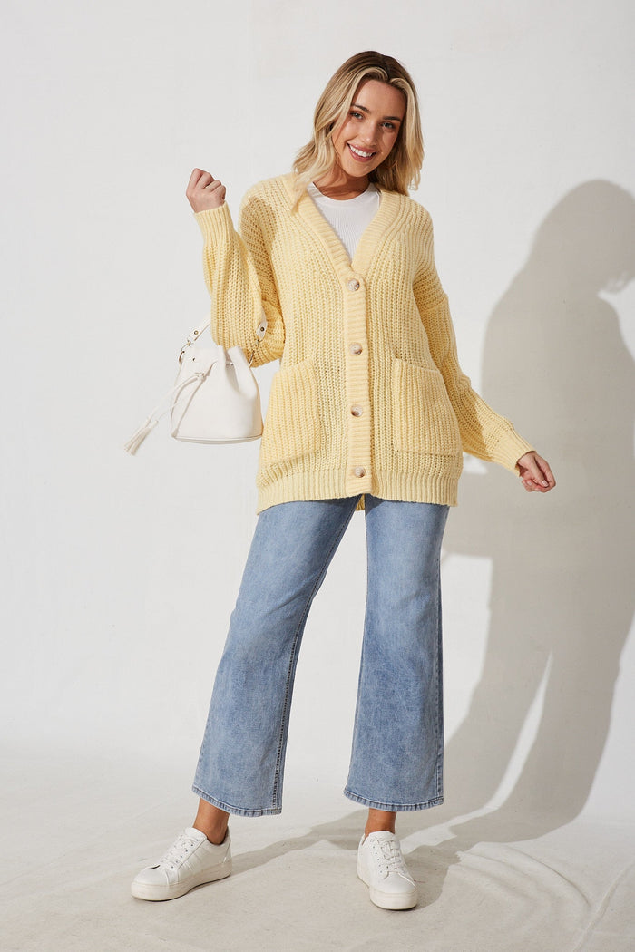 Ballina Knit Cardigan In Lemon Wool Blend - full length