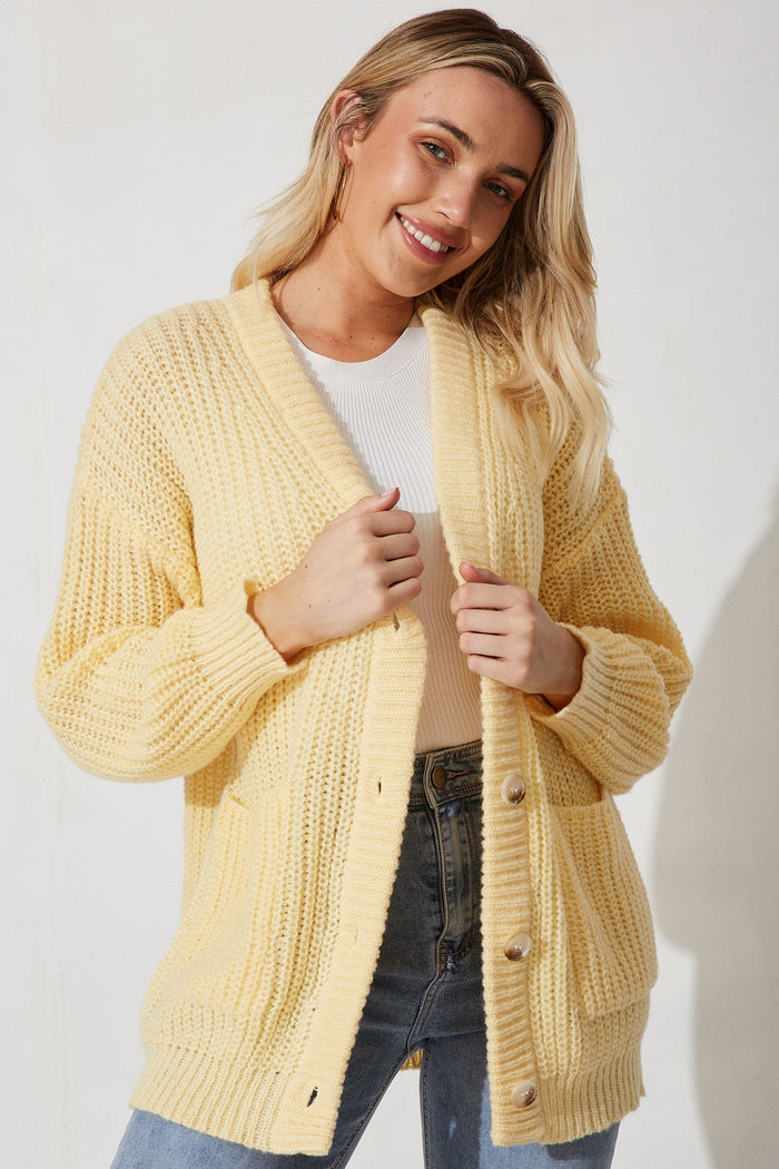 Ballina Knit Cardigan In Lemon Wool Blend - front
