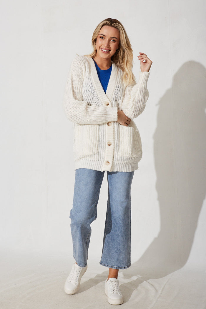 Ballina Knit Cardigan In Off White Wool Blend - full length