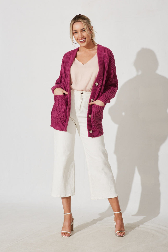 Ballina Knit Cardigan In Magenta Wool Blend - full length