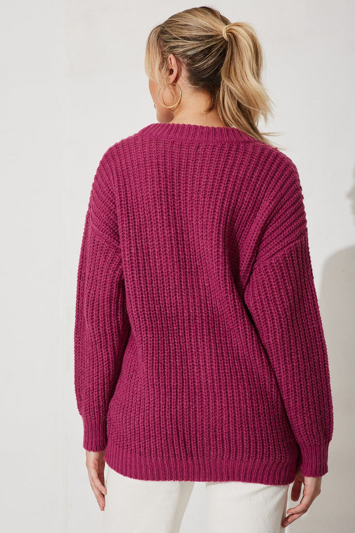 Ballina Knit Cardigan In Magenta Wool Blend - back
