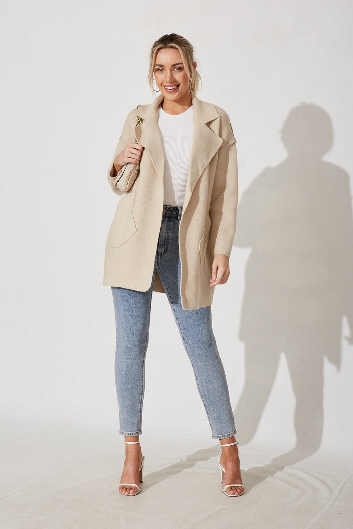 Marseille Knit Coatigan In Beige Wool Blend - full length