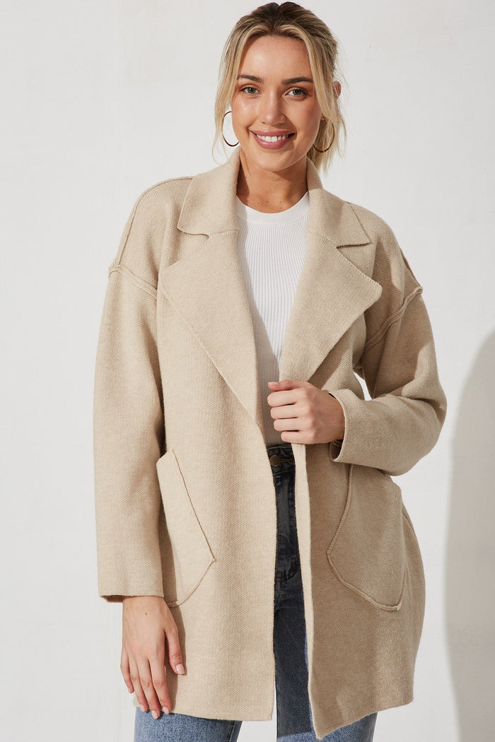 Marseille Knit Coatigan In Beige Wool Blend - front