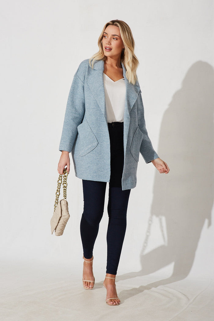 Marseille Knit Coatigan In Light Blue Wool Blend - full length