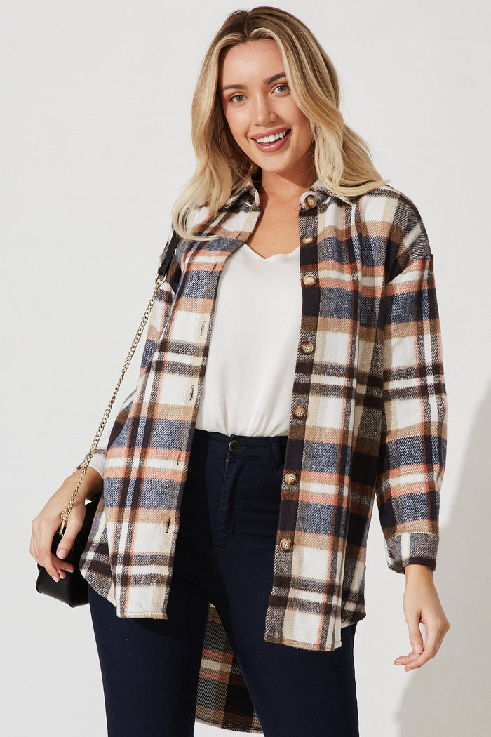 Falcon Shacket In Navy With Brown And Orange Check - front