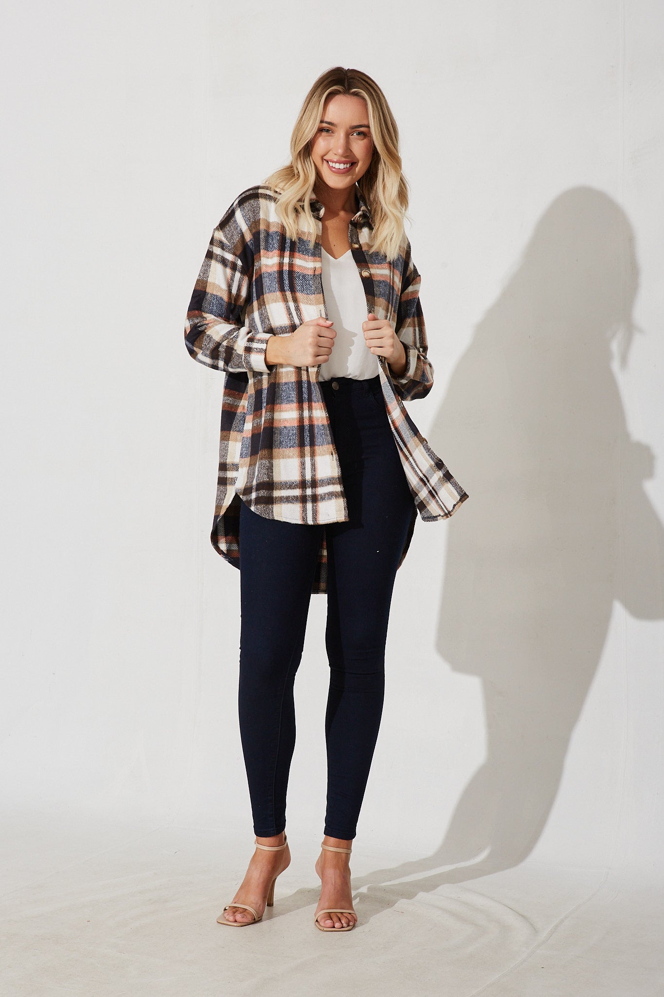 Falcon Shacket In Navy With Brown And Orange Check - full length