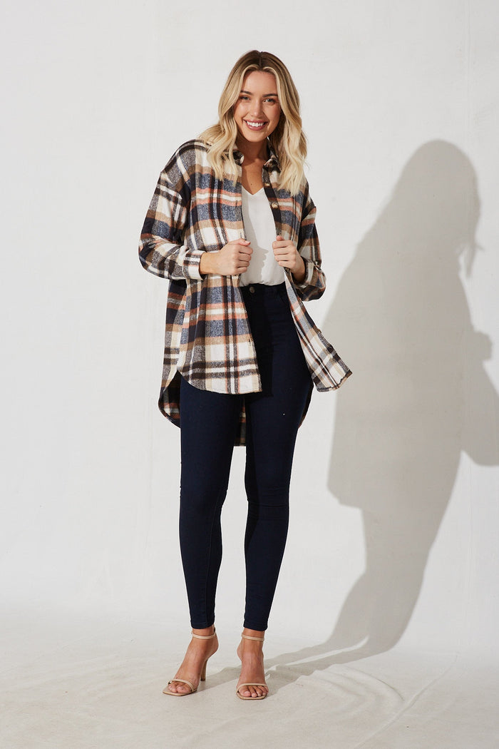 Falcon Shacket In Navy With Brown And Orange Check - full length