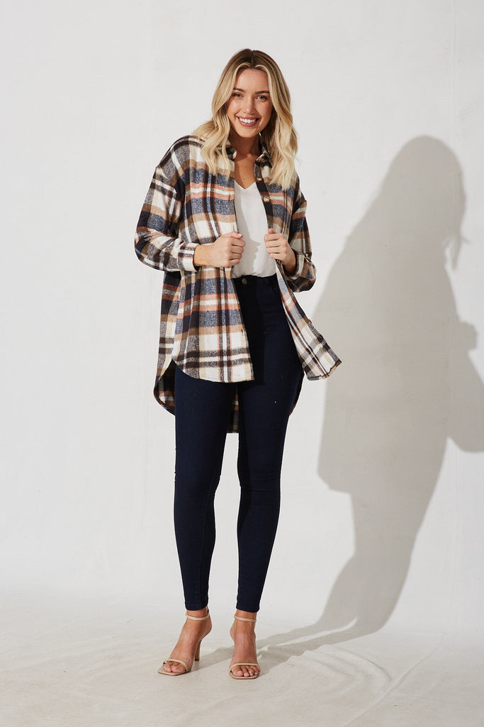 Falcon Shacket In Navy With Brown And Orange Check - full length