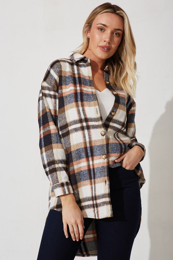 Falcon Shacket In Navy With Brown And Orange Check - front