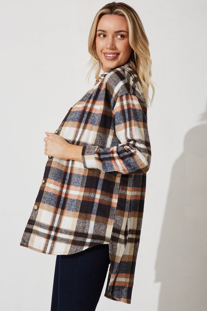 Falcon Shacket In Navy With Brown And Orange Check - side