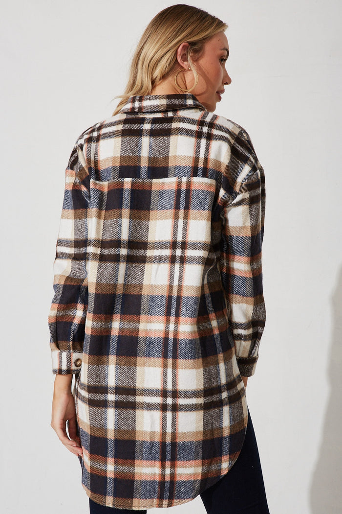 Falcon Shacket In Navy With Brown And Orange Check - back