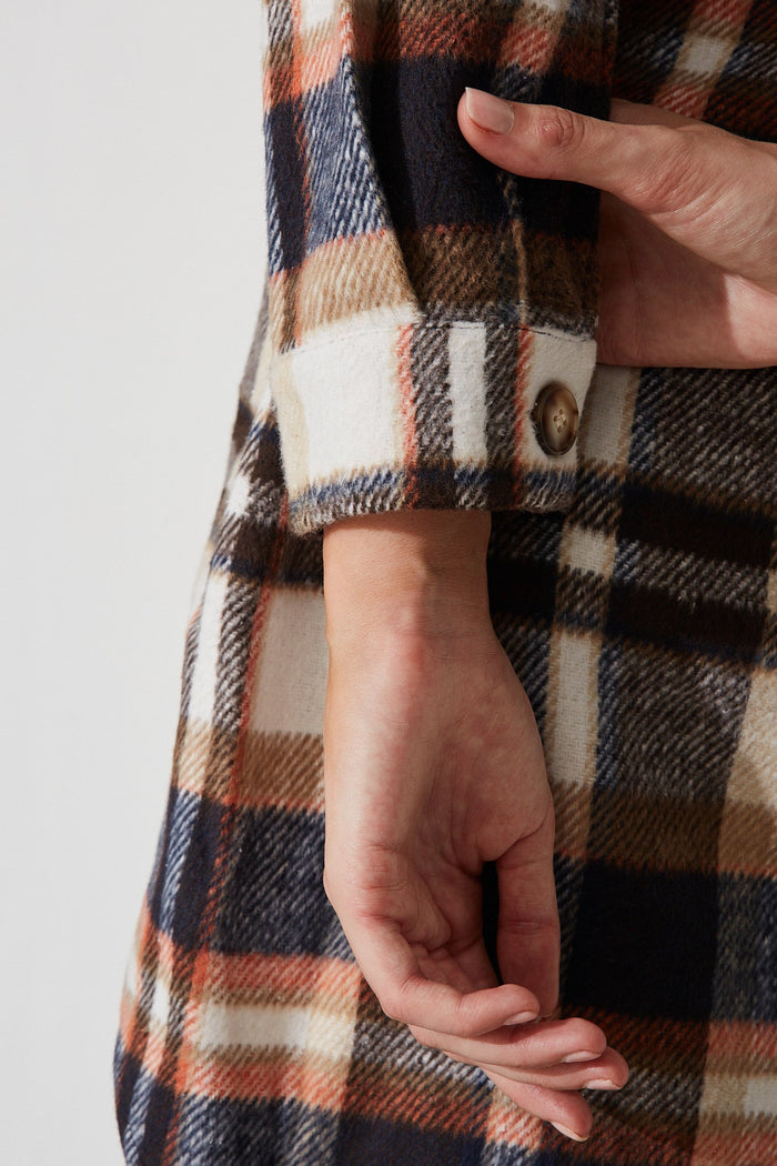 Falcon Shacket In Navy With Brown And Orange Check - detail