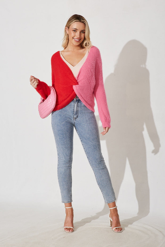 Jimena Knit In Red With Pink Colour Block Wool Blend - full length