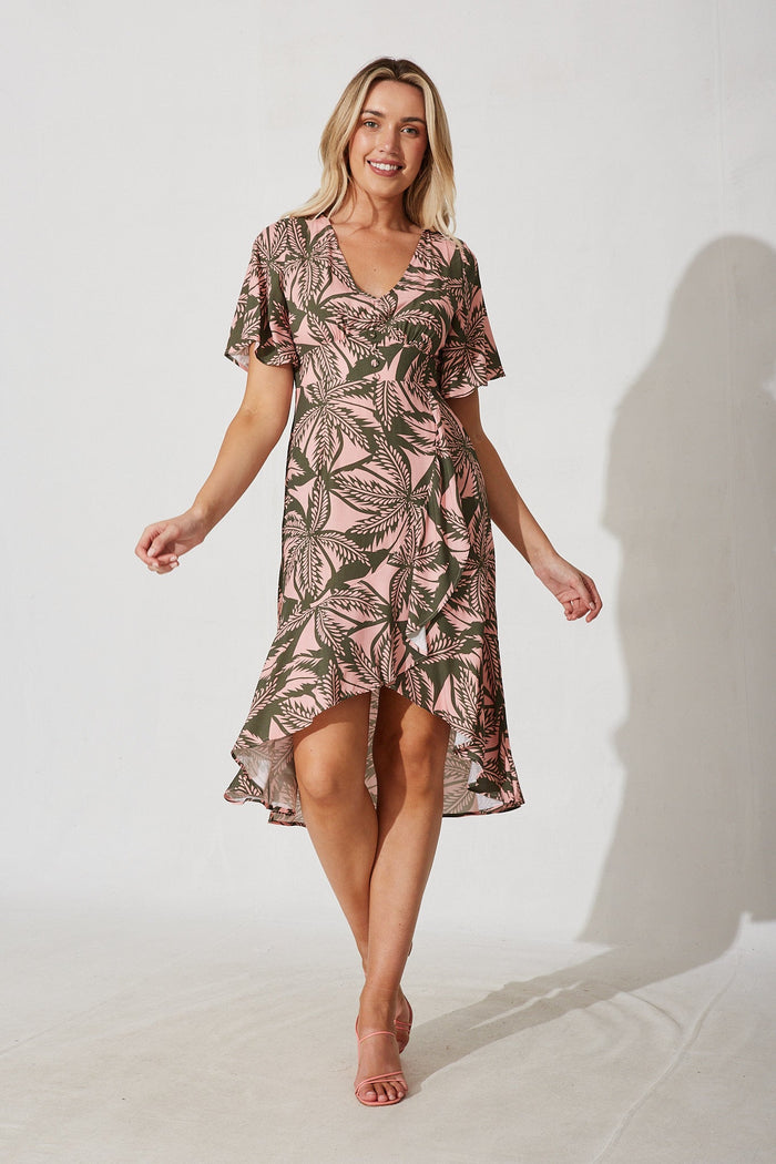 Valencia Midi Dress In Blush With Green Leaf Print Linen Blend - full length
