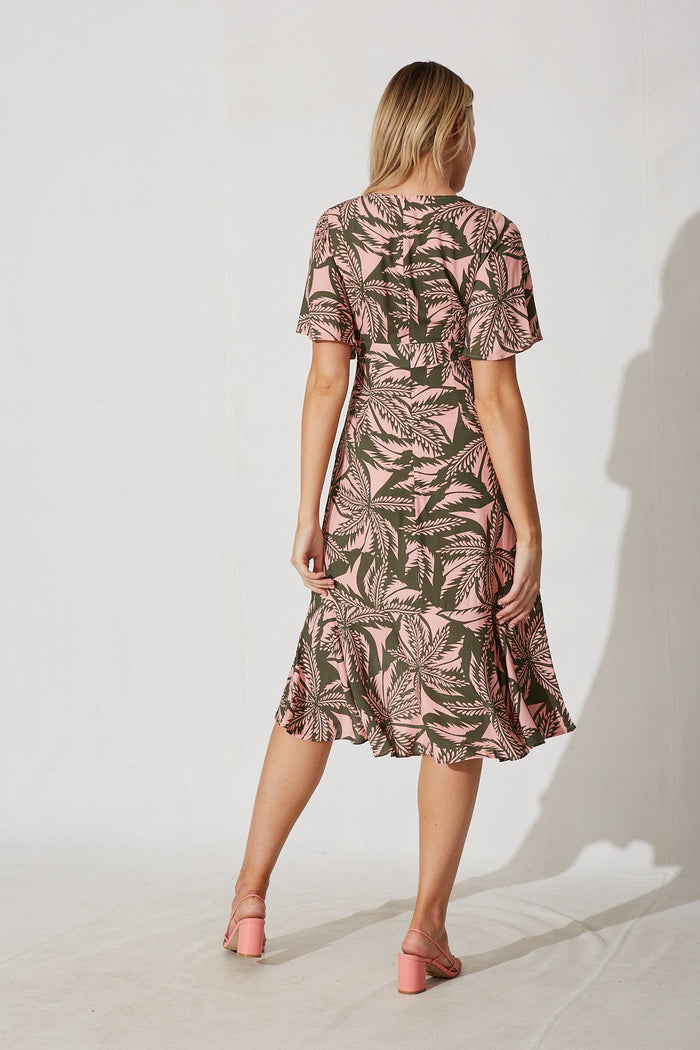 Valencia Midi Dress In Blush With Green Leaf Print Linen Blend - back