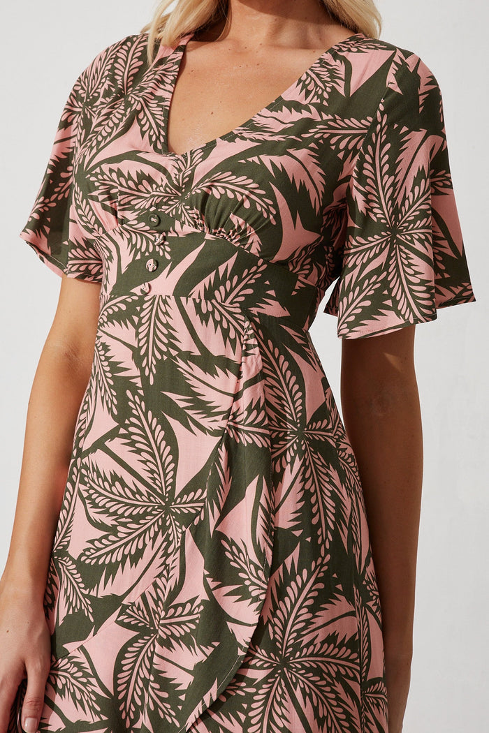 Valencia Midi Dress In Blush With Green Leaf Print Linen Blend - detail