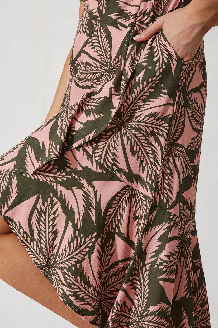 Valencia Midi Dress In Blush With Green Leaf Print Linen Blend - detail
