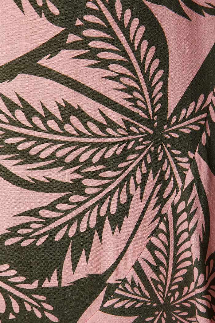 Valencia Midi Dress In Blush With Green Leaf Print Linen Blend - fabric