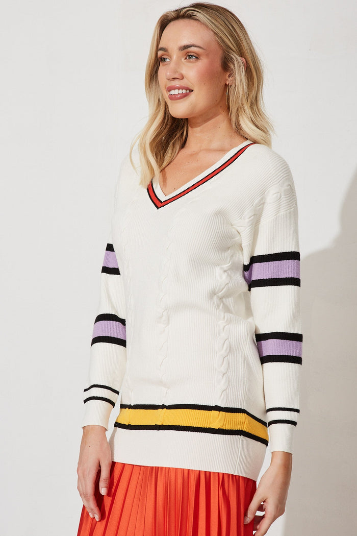 Alcorcon Knit In White With Purple Stripe Wool Blend - side