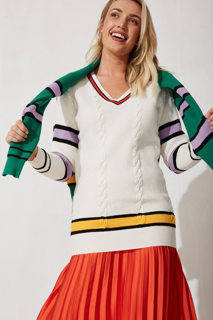 Alcorcon Knit In White With Purple Stripe Wool Blend - front