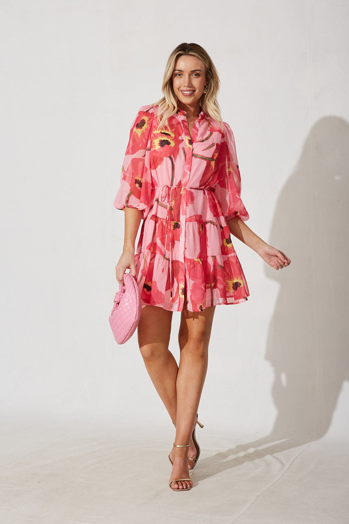 Malaga Shirt Dress In Pink With Yellow Floral - full length