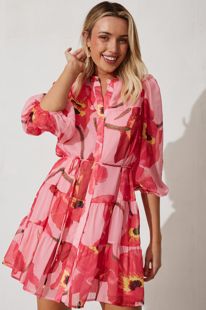 Malaga Shirt Dress In Pink With Yellow Floral - front
