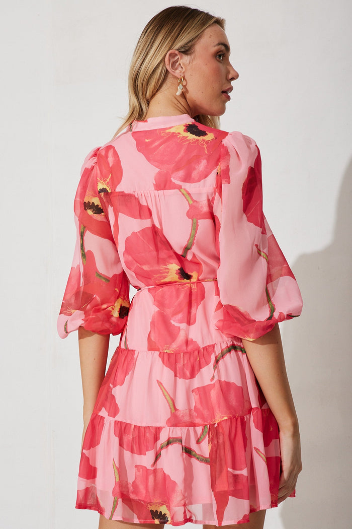 Malaga Shirt Dress In Pink With Yellow Floral - back