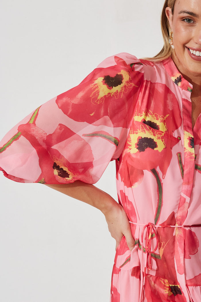 Malaga Shirt Dress In Pink With Yellow Floral - detail