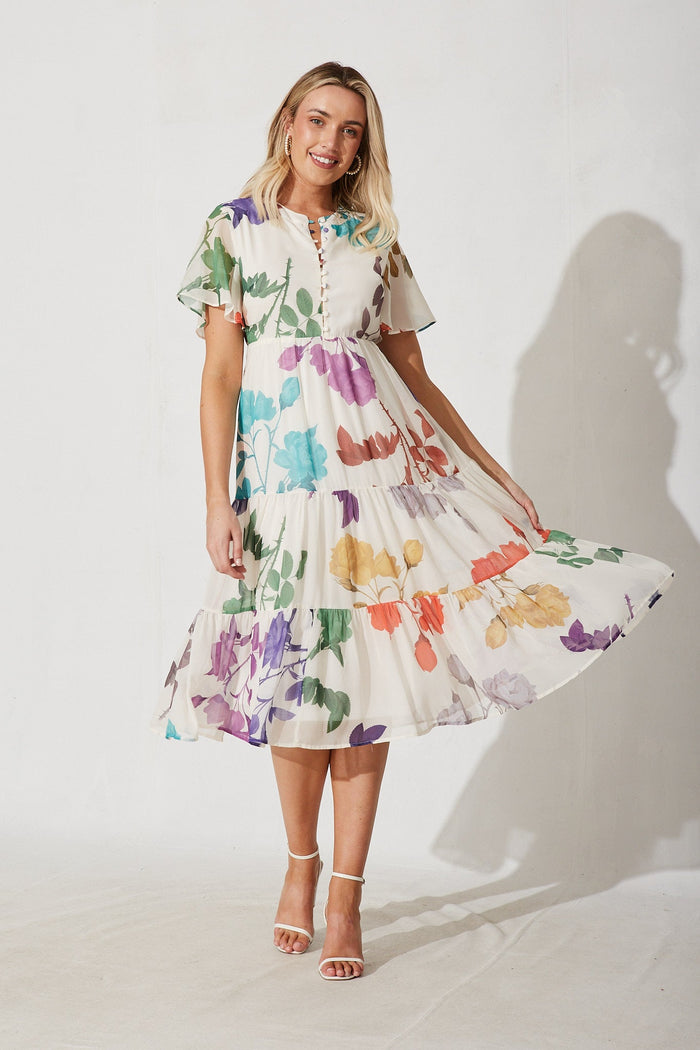 Marbella Midi Dress In Cream With Multi Floral - full length