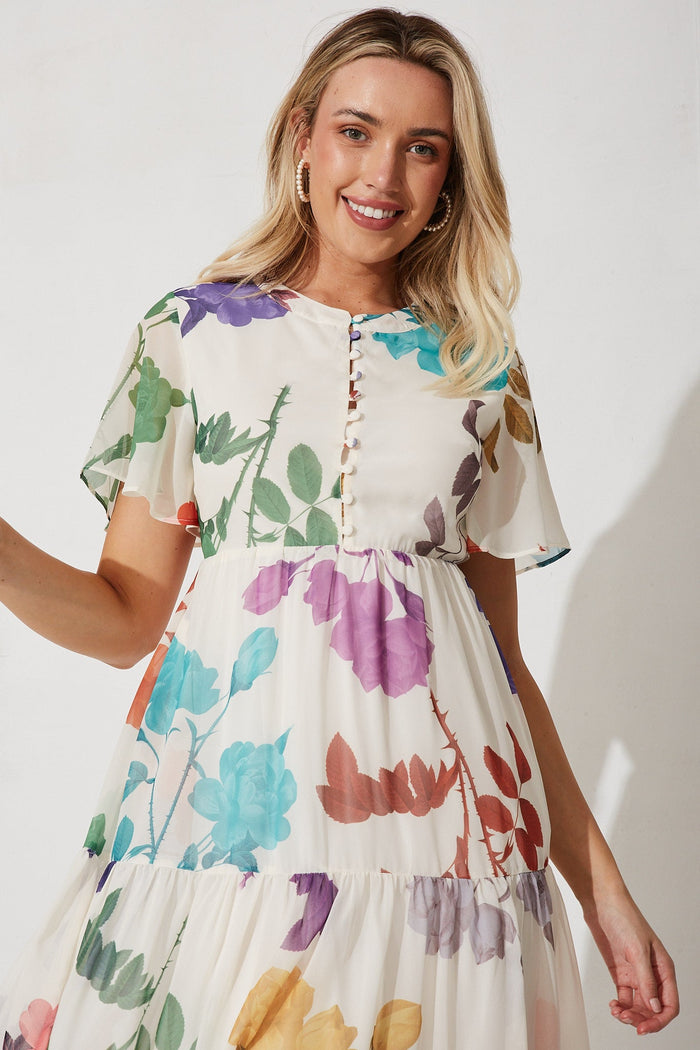 Marbella Midi Dress In Cream With Multi Floral - front