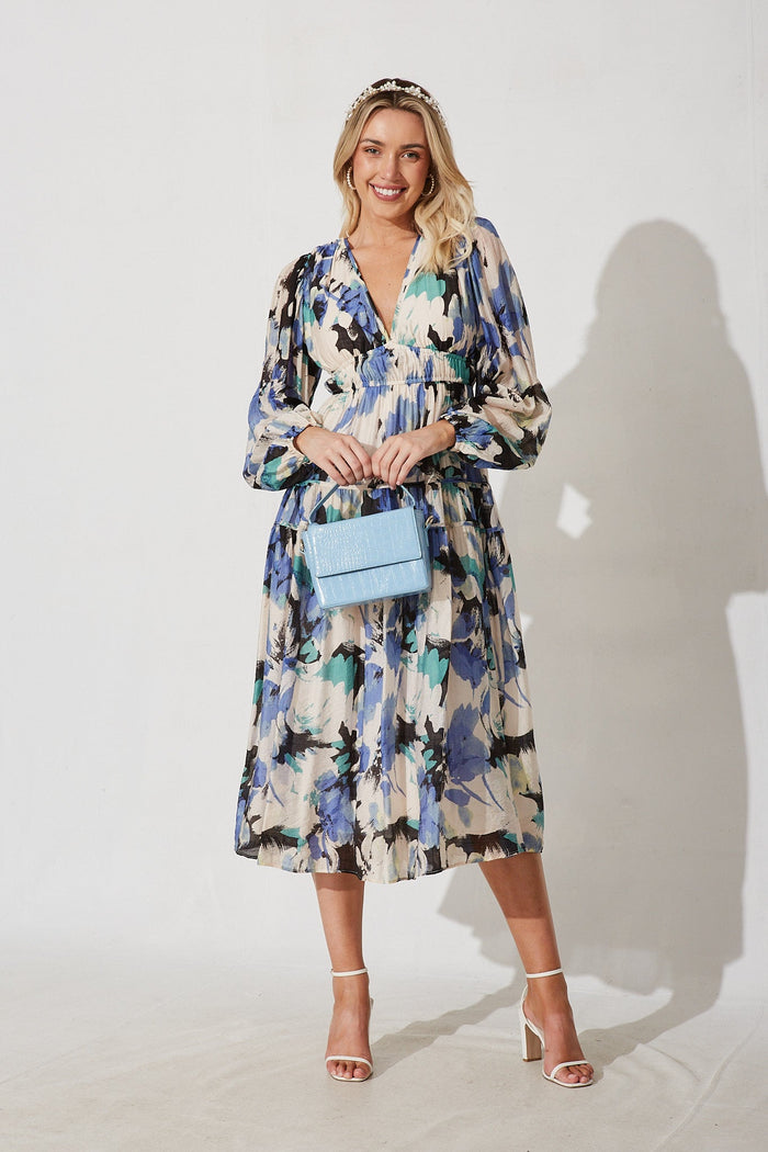 Beeblossom Midi Dress In Blue With Multi Floral - full length