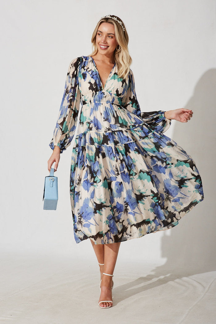 Beeblossom Midi Dress In Blue With Multi Floral - full length