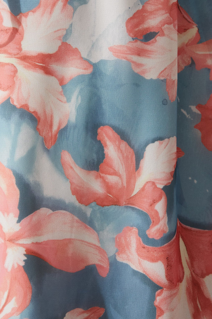 Forget-Me-Not Midi Dress In Blue With Pink Floral - fabric