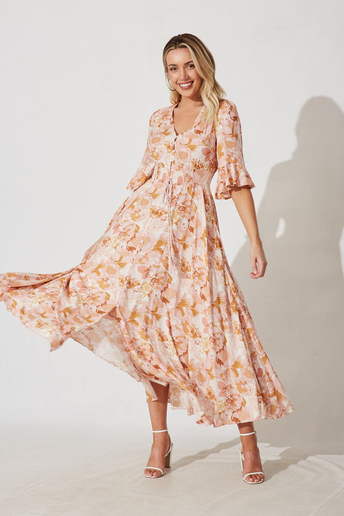 Lantana Maxi Dress In Pink With Multi Floral - full length