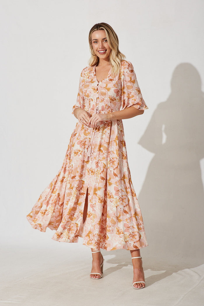 Lantana Maxi Dress In Pink With Multi Floral - full length