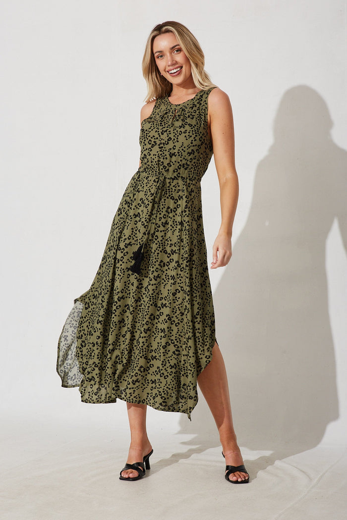 Dandelion Maxi Dress In Olive Green With Black Print - full length